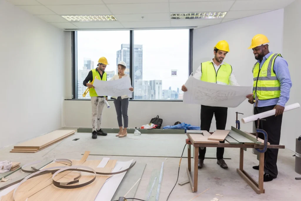 Équipe d’ingénieurs travaillant sur des plans de rénovation d'un appartement ancien pour un projet bâtiment structuré et maîtrisé.
