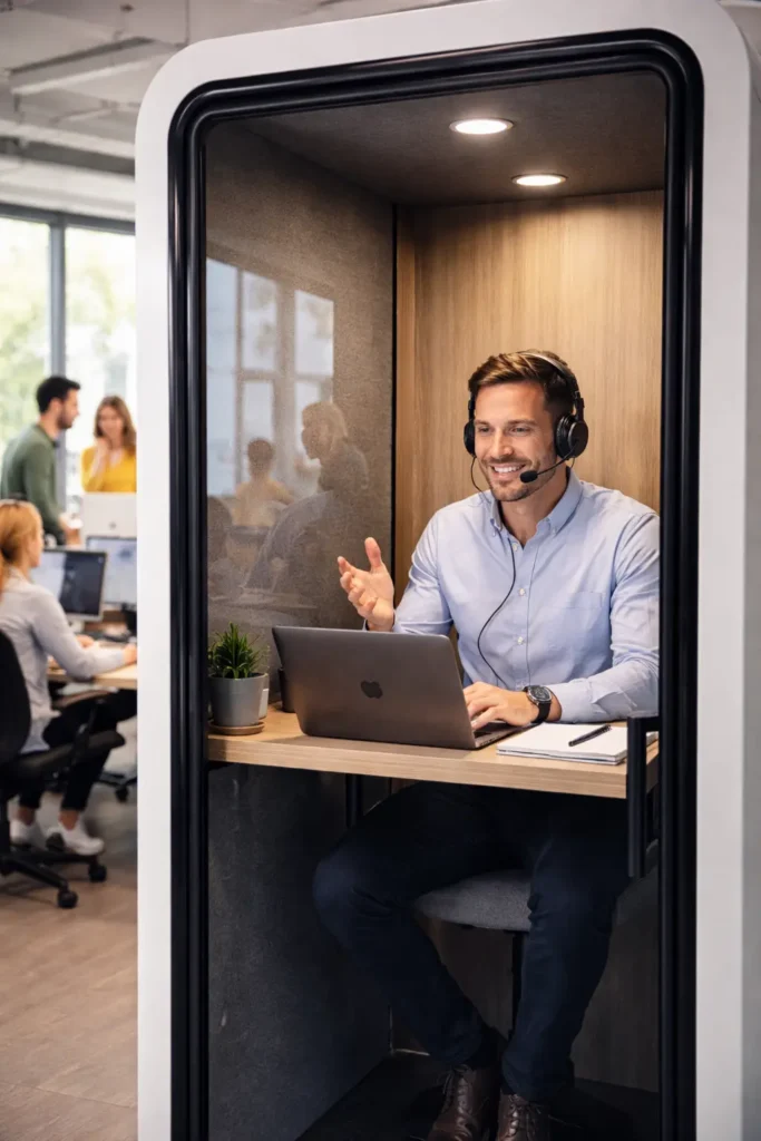 Salarie-en-visioconference-dans-une-cabine-insonorisee-au-calme-open-space-en-arriere-plan-–-amenagement-et-renovation-de-bureaux-par-DTP-Renovation