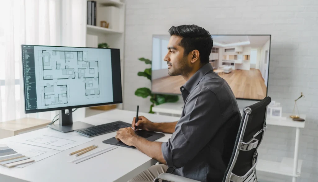 Architecte d'intérieur de DTP qui réalise un plan 2D et 3D d'un apaprtement