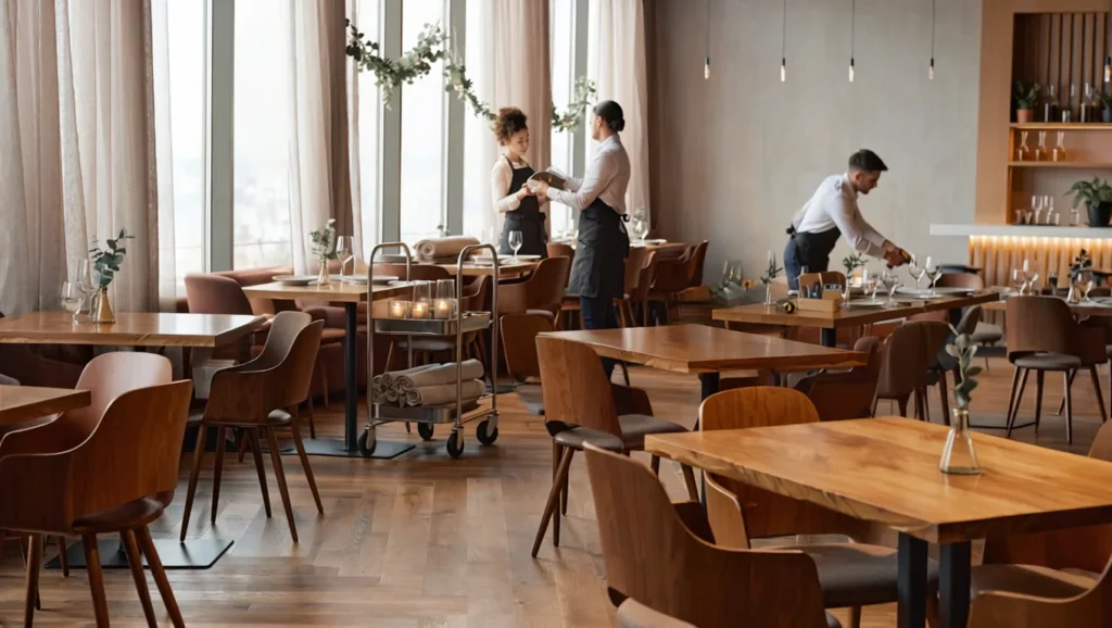 Un grand intérieur de restaurant en préparation, des ouvriers installant la décoration