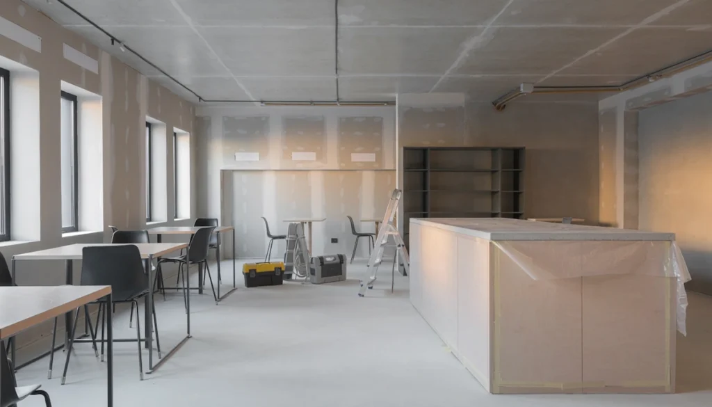 Un intérieur de restaurant minimaliste en rénovation, sans personnes, un espace propre et lumineux