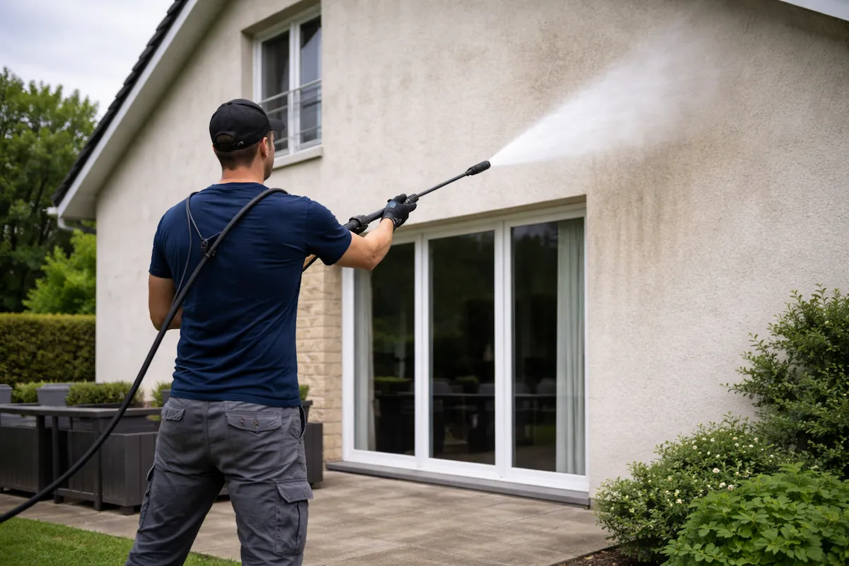 intervention entreprise nettoyage façade avec nettoyage haute pression sur façade maison