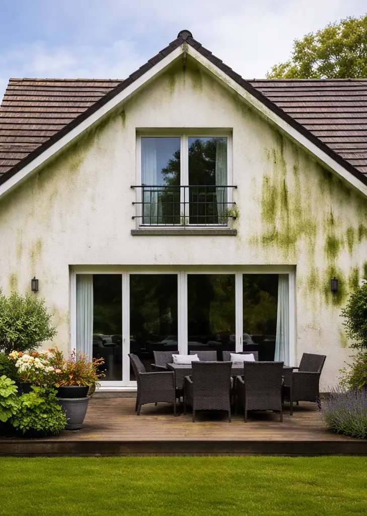 façade maison encrassée avec mousse et salissures avant nettoyage de façade