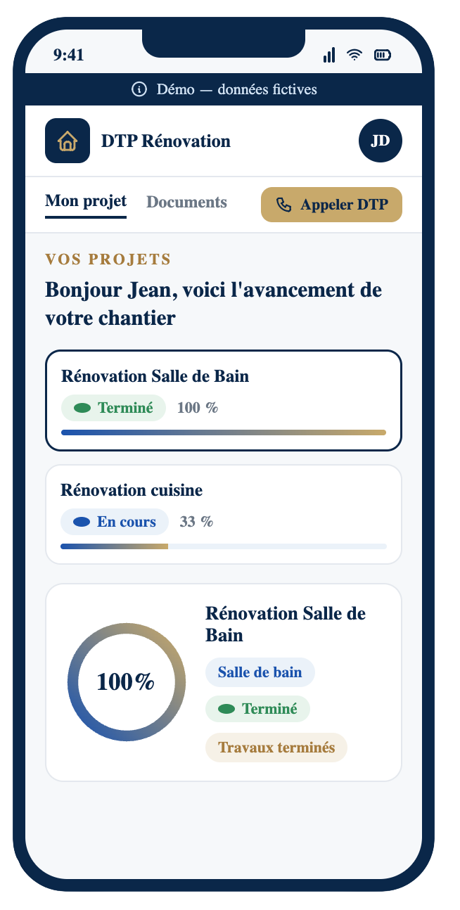 Application portail client DTP Rénovation — suivi global des chantiers