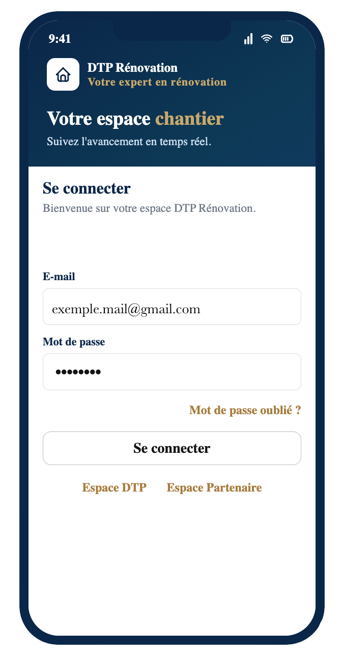 Application portail client DTP Rénovation — connexion sécurisée