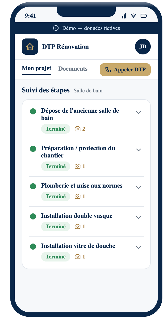 Application portail client DTP Rénovation — suivi des étapes du chantier