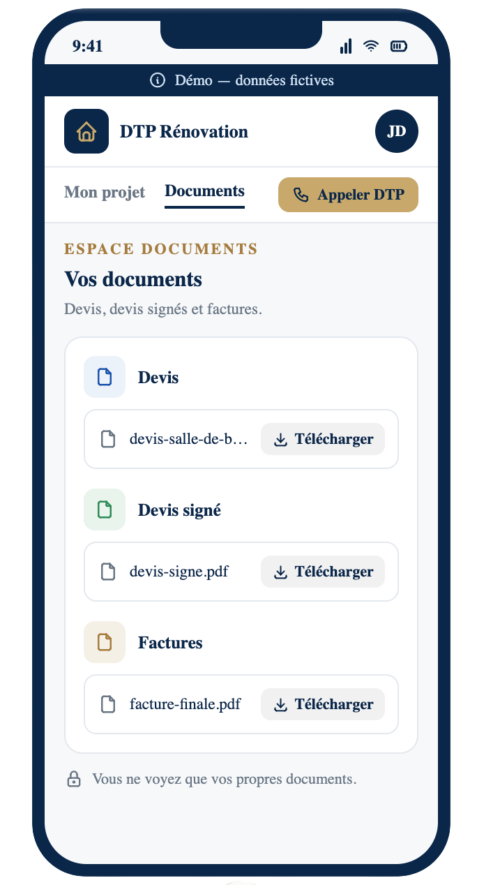 Application portail client DTP Rénovation — espace documents